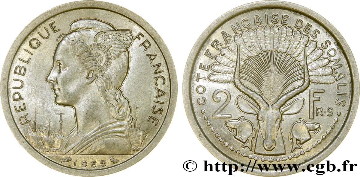 SOMALIA FRANCESE 2 Francs Marianne / antilope 1965 Paris SPL 