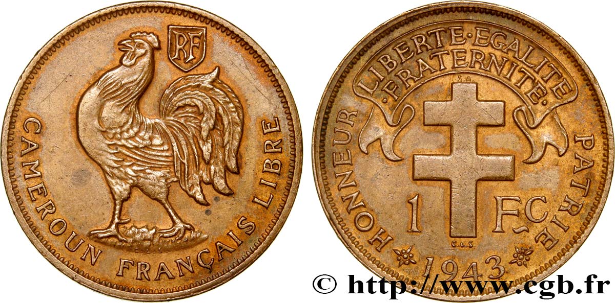 KAMERUN - FRANZÖSISCHE MANDAT 1 Franc ‘Cameroun Français Libre’ 1943 Prétoria VZ 
