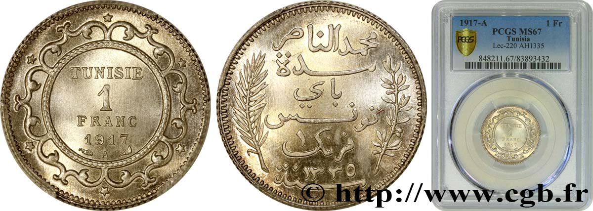TUNESIEN - Französische Protektorate  1 Franc AH 1335 1917 Paris ST67 PCGS