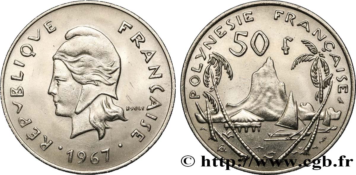 FRANZÖSISCHE-POLYNESIEN 50 Francs Marianne / paysage polynésien 1967 Paris VZ 