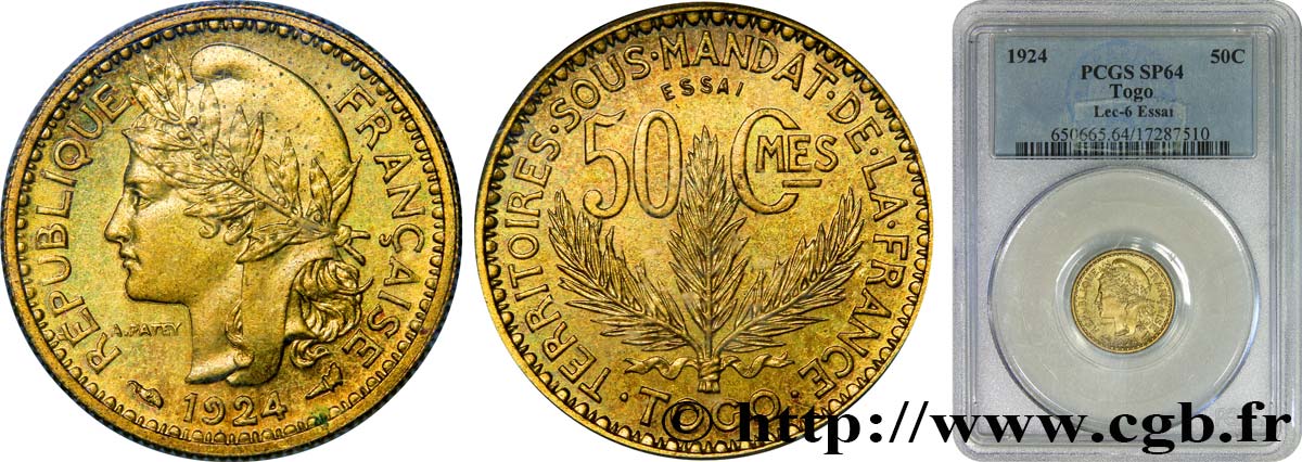 TOGO - MANDATO FRANCESE 50 Centimes Essai 1924 Paris MS64 PCGS