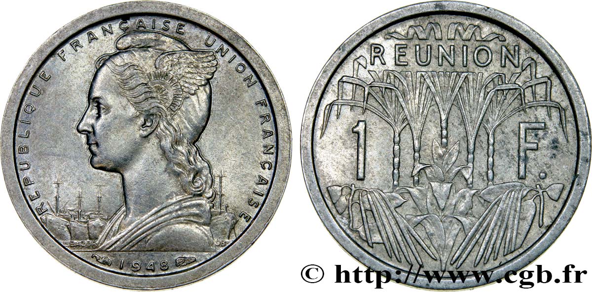 REUNION French Union  1 Franc Union Française en aluminium 1948 Paris AU55 