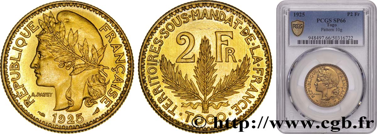 TOGO - FRANZÖSISCHE MANDAT 2 Francs, pré-série de Morlon ? poids lourd, 10 grammes 1925 Paris ST66 PCGS