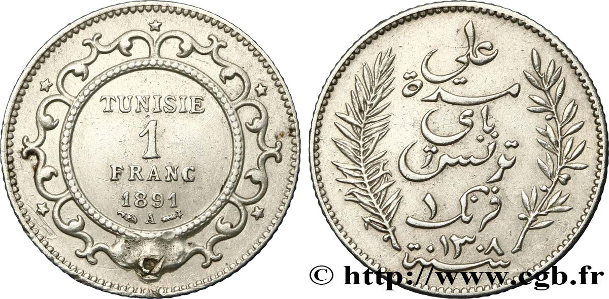 TUNISIA - Protettorato Francese 1 Franc AH1308 1891 Paris BB 