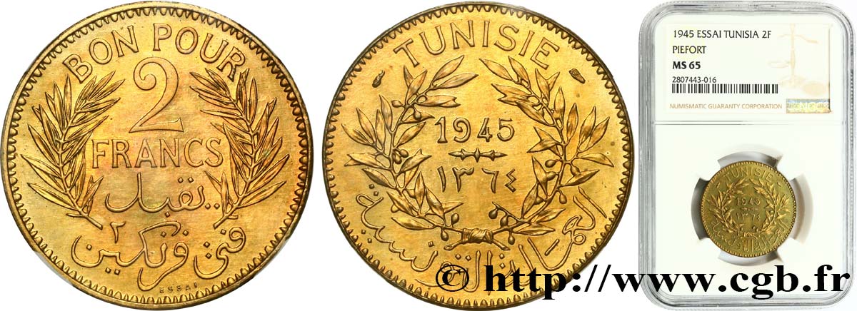 TUNISIA - French protectorate Essai - Piéfort 2 Francs en bronze-aluminium AH 1364 = 1945 Paris MS65 NGC