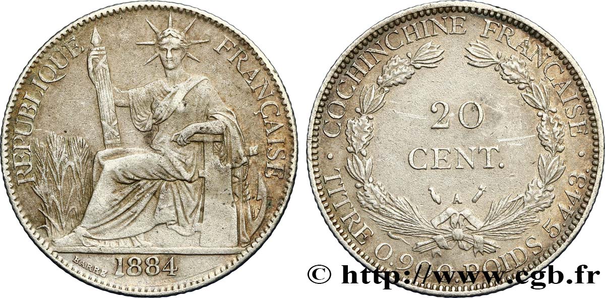 FRENCH COCHINCHINA 20 Centimes 1884 Paris VF 