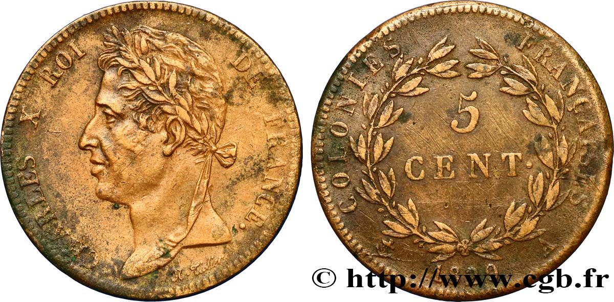 COLONIE FRANCESI - Carlo X, per Guyana 5 Centimes Charles X 1829 Paris - A q.BB 