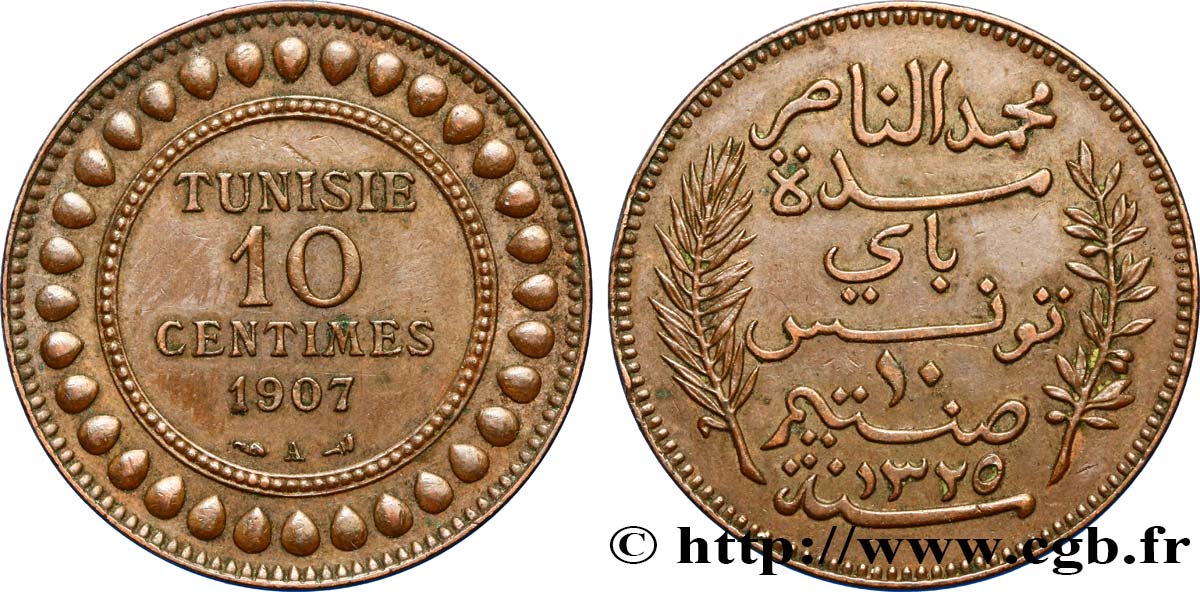 TUNISIA - French protectorate 10 Centimes AH1325 1907 Paris AU 
