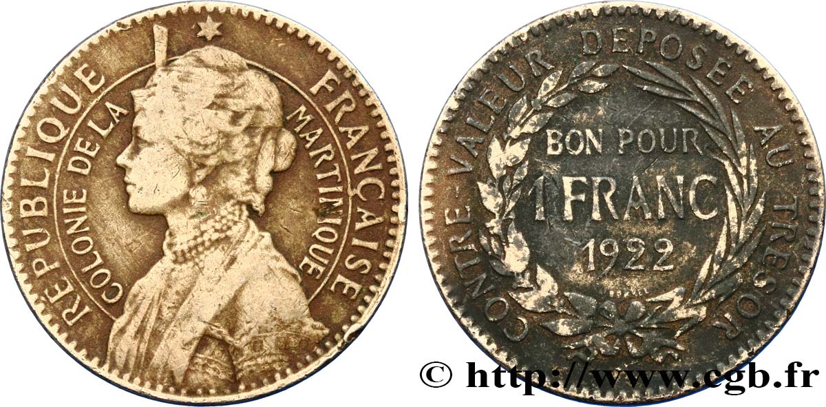 MARTINIQUE Bon pour 1 Franc Colonie de la Martinique 1922 sans atelier S 