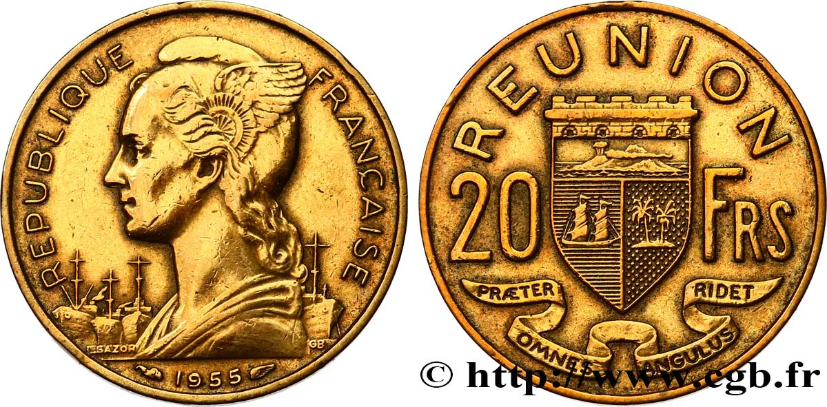 ÎLE DE LA RÉUNION 20 Francs Marianne / armes 1955 Paris TTB 