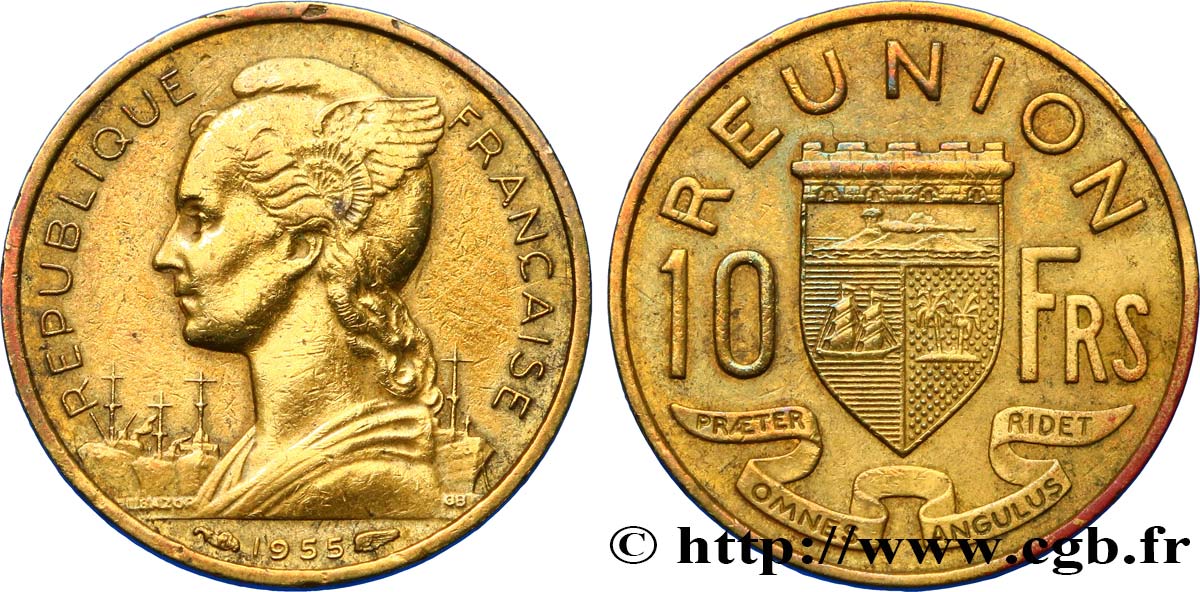 REUNION ISLAND 10 Francs 1955 Paris XF 