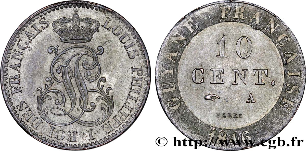 GUYANA FRANCESE 10 Cent. (imes) monogramme de Louis-Philippe 1846 Paris MS 