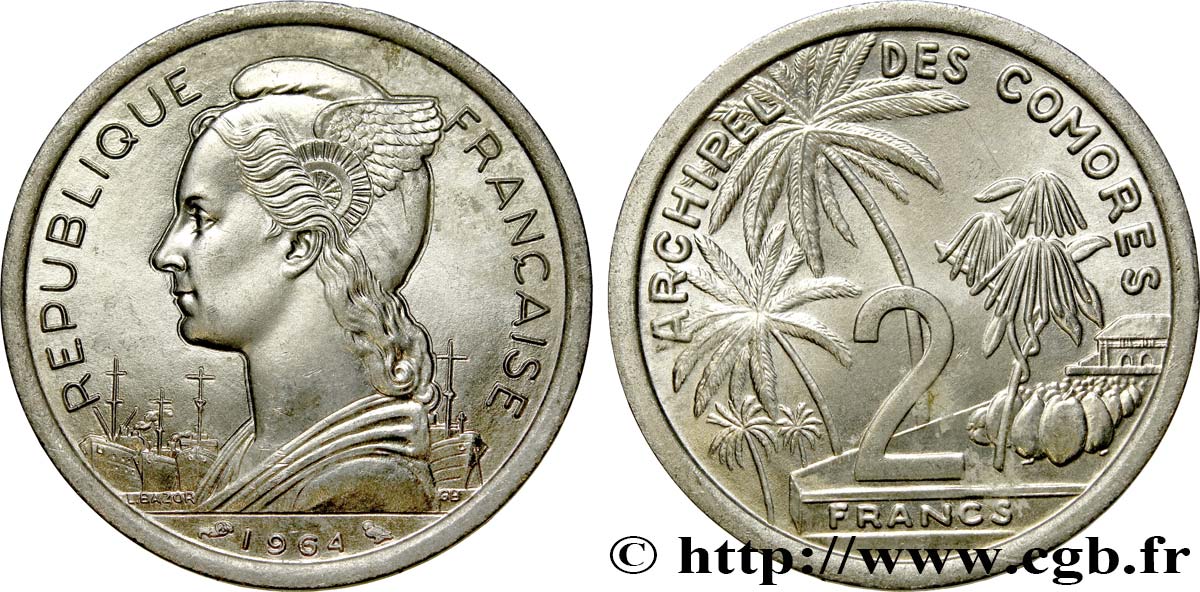 COMOROS  2 Francs 1964 Paris AU 