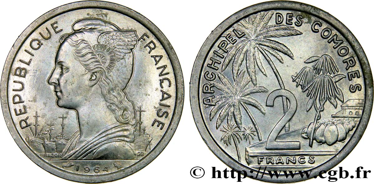 COMOROS  2 Francs 1964 Paris AU 