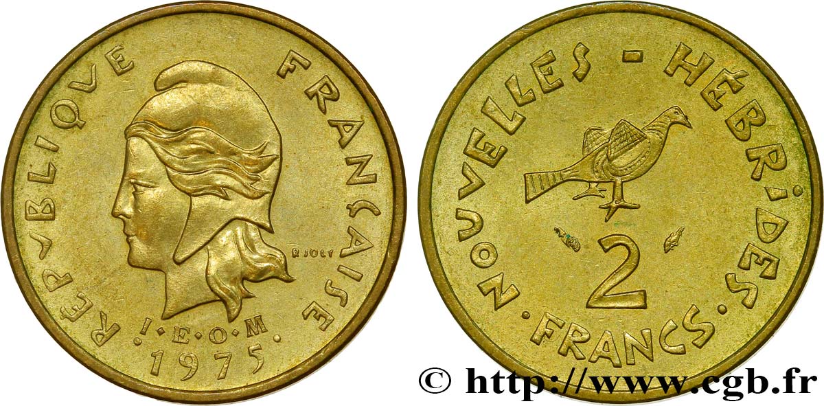 NUOVO EBRIDI (VANUATU dopo1980) 2 Francs I. E. O. M. Marianne / oiseau 1975 Paris SPL 