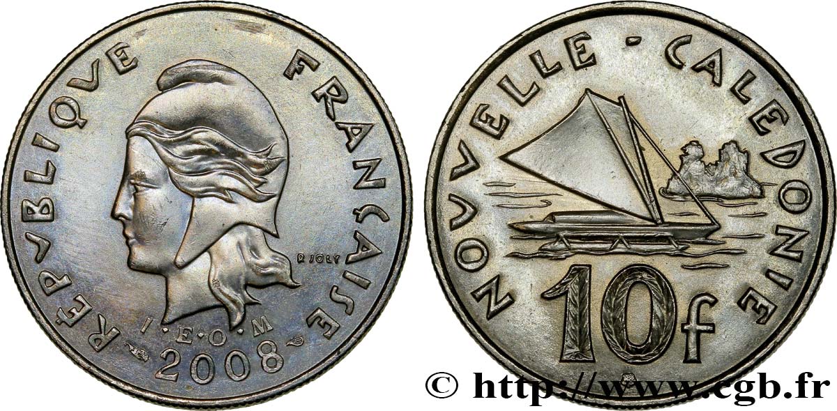 NEW CALEDONIA 10 Francs I.E.O.M. Marianne / paysage maritime néo-calédonien avec pirogue à voile  2008 Paris AU 