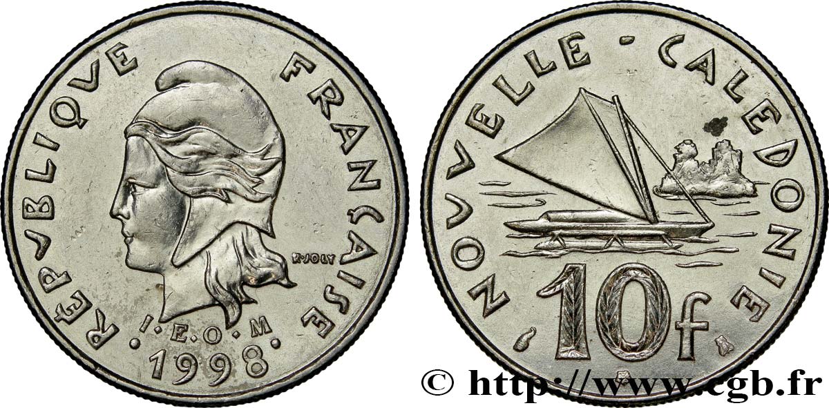 NEUKALEDONIEN 10 Francs I.E.O.M. Marianne / paysage maritime néo-calédonien avec pirogue à voile  1998 Paris VZ 