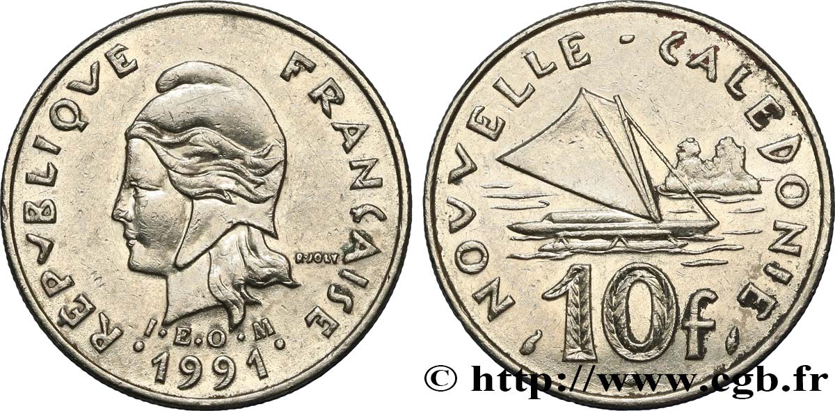 NEUKALEDONIEN 10 Francs I.E.O.M. Marianne / paysage maritime néo-calédonien avec pirogue à voile  1991 Paris VZ 