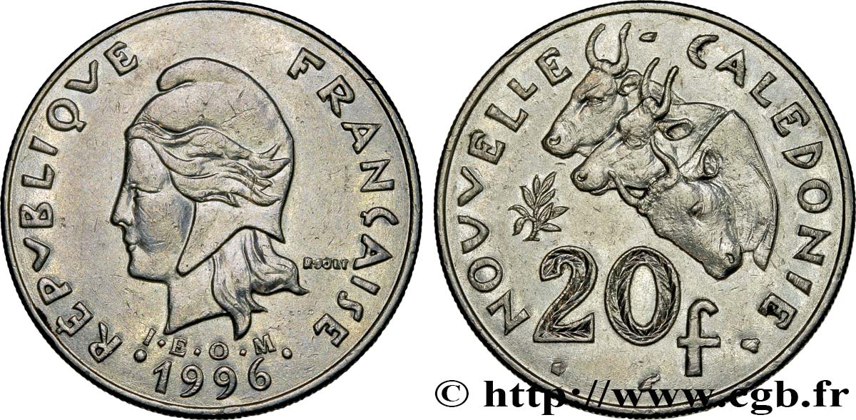 NEUKALEDONIEN 20 Francs I.E.O.M. Marianne / zébus d’élevage de Nouvelle Calédonie  1996 Paris VZ 