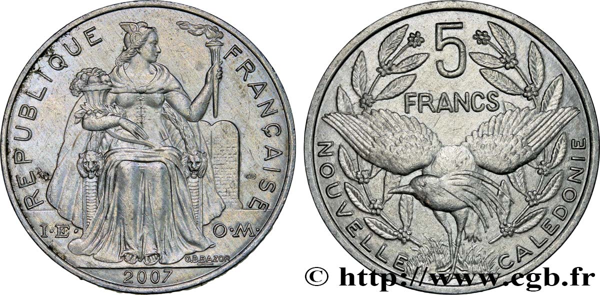 NUEVA CALEDONIA 5 Francs I.E.O.M. représentation allégorique de Minerve / Kagu, oiseau de Nouvelle-Calédonie 2007 Paris SC 