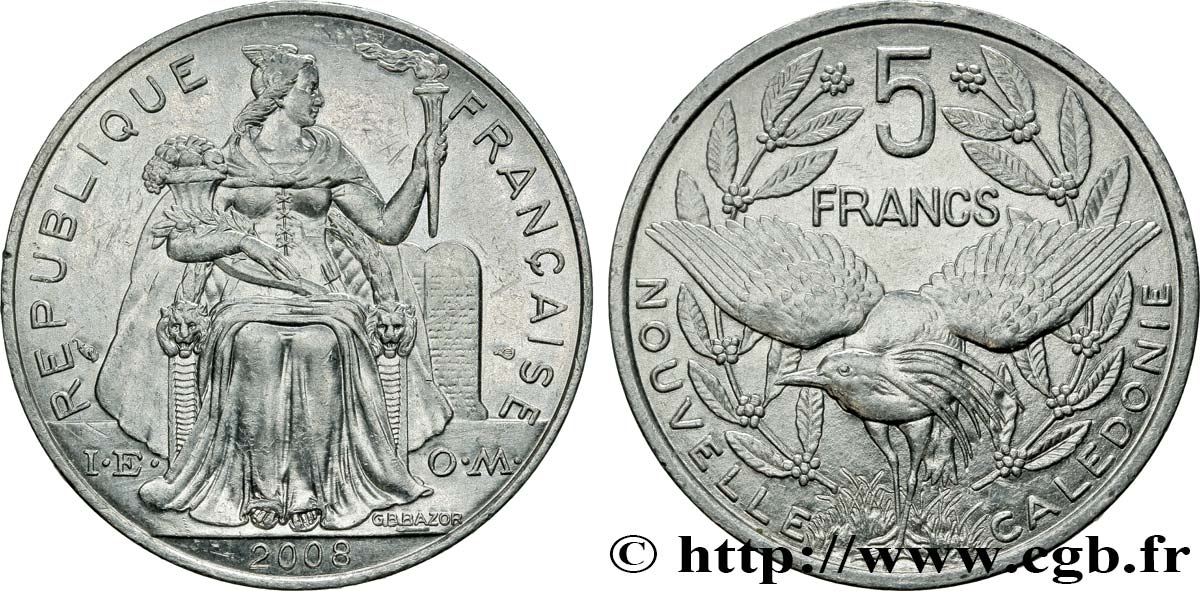 NUEVA CALEDONIA 5 Francs I.E.O.M. représentation allégorique de Minerve / Kagu, oiseau de Nouvelle-Calédonie 2008 Paris EBC 