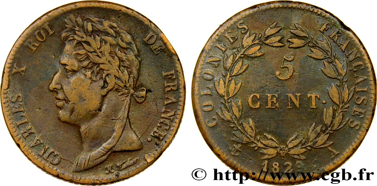 COLONIAS FRANCESAS - Charles X, para Guayana 5 Centimes Charles X 1829 Paris - A BC+ 