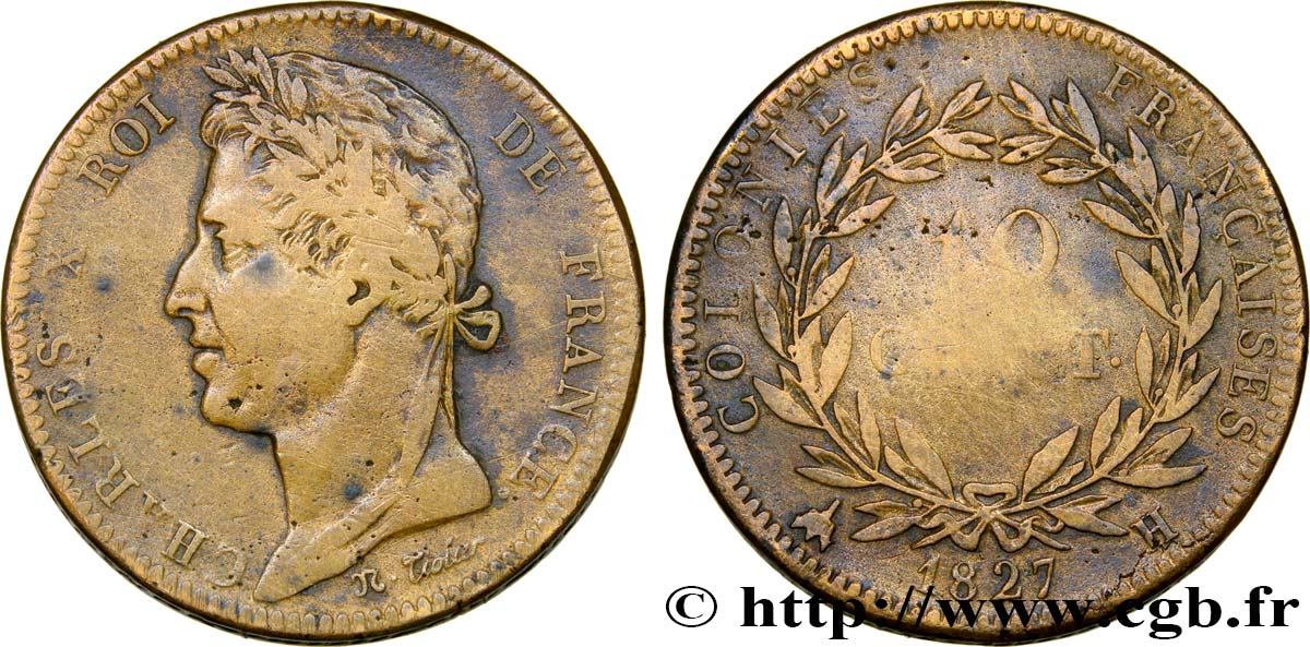 COLONIAS FRANCESAS - Charles X, para Martinica y Guadalupe 10 Centimes Charles X 1827 La Rochelle - H RC+ 