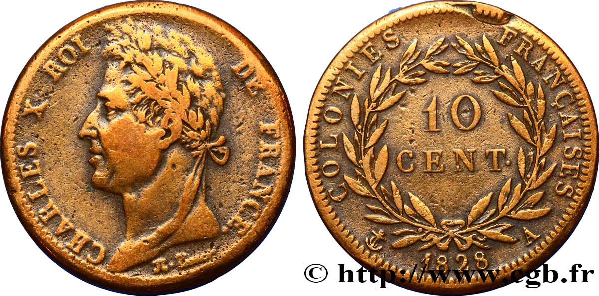 COLONIAS FRANCESAS - Charles X, para Guayana 10 Centimes Charles X 1828 Paris - A BC 