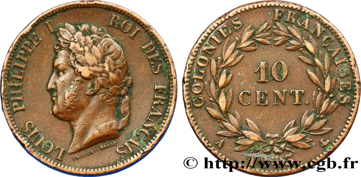 FRENCH COLONIES - Louis-Philippe, for Marquesas Islands 10 Centimes 1843 Paris XF 