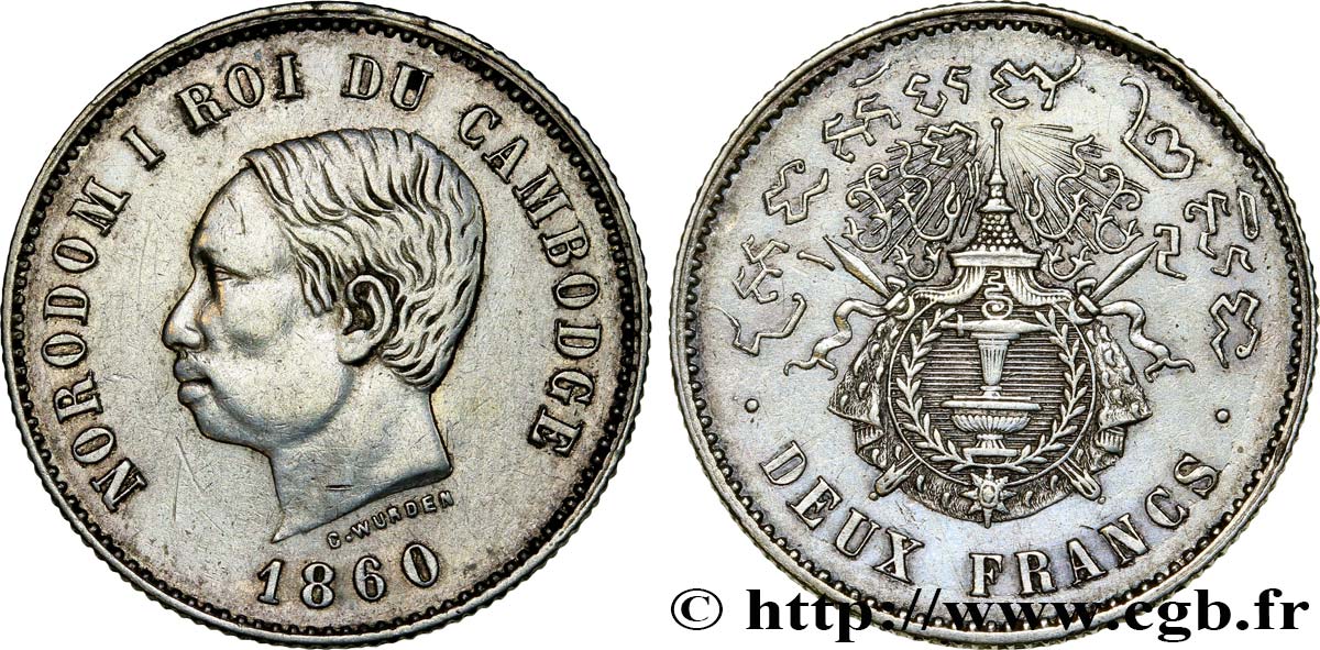 CAMBODGE 2 Francs Norodom Ier 1860 Bruxelles TTB+ 