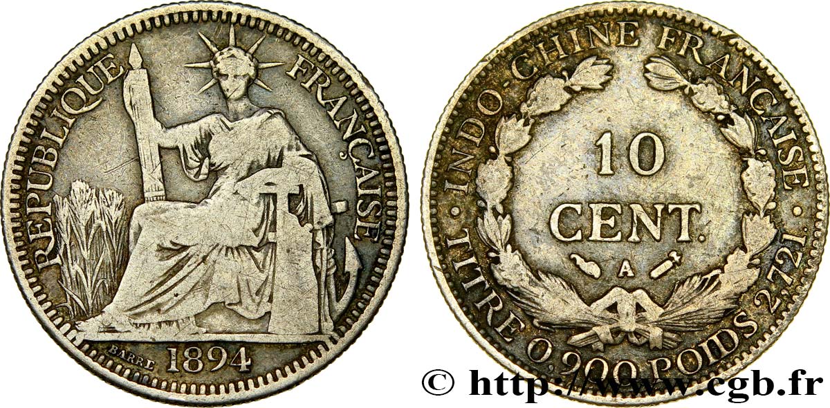 INDOCHINA 10 Centièmes 1894 Paris BC 