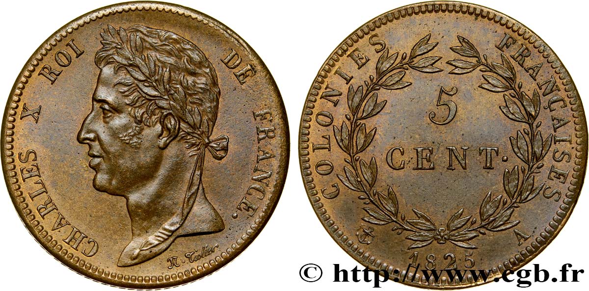 COLONIE FRANCESI - Carlo X, per Guyana e Senegal 5 Centimes Charles X 1825 Paris SPL+ 