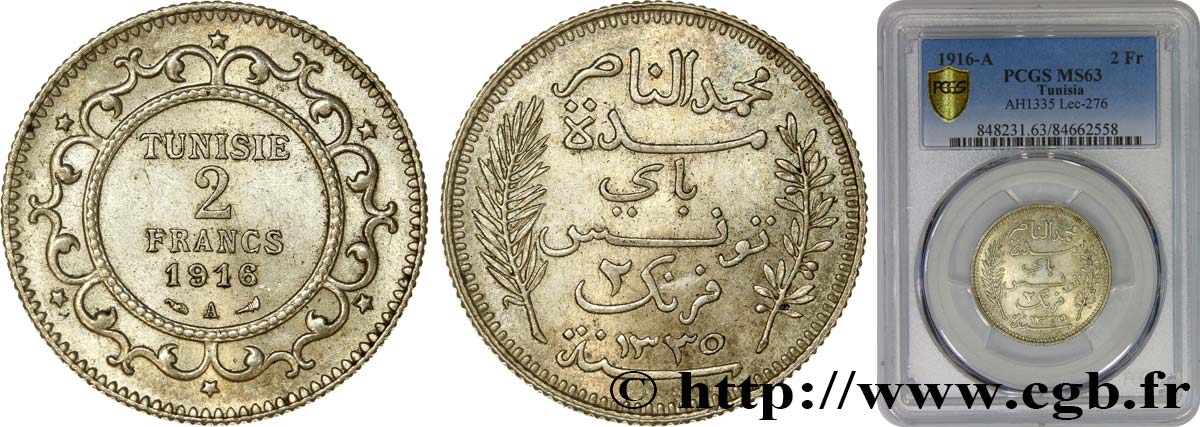 TUNEZ - Protectorado Frances 2 Francs au nom du Bey Mohamed En-Naceur an 1335 1916 Paris - A SC63 PCGS
