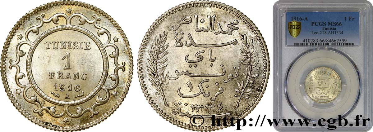 TUNISIA - Protettorato Francese 1 Franc AH 1334 1916 Paris FDC66 PCGS