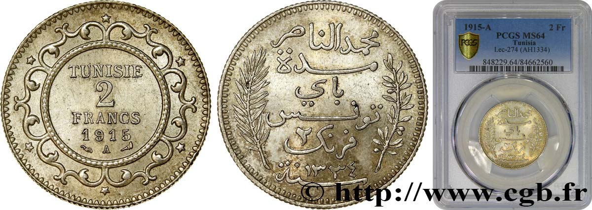 TUNISIE - PROTECTORAT FRANÇAIS 2 Francs au nom du Bey Mohamed En-Naceur an 1334 1915 Paris - A SPL64 PCGS