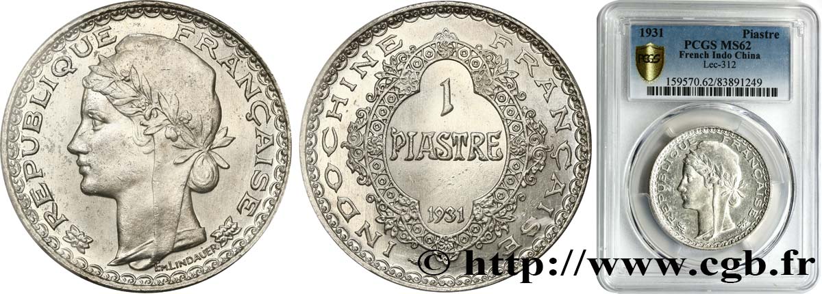 FRENCH INDOCHINA 1 Piastre  1931 Paris MS62 PCGS