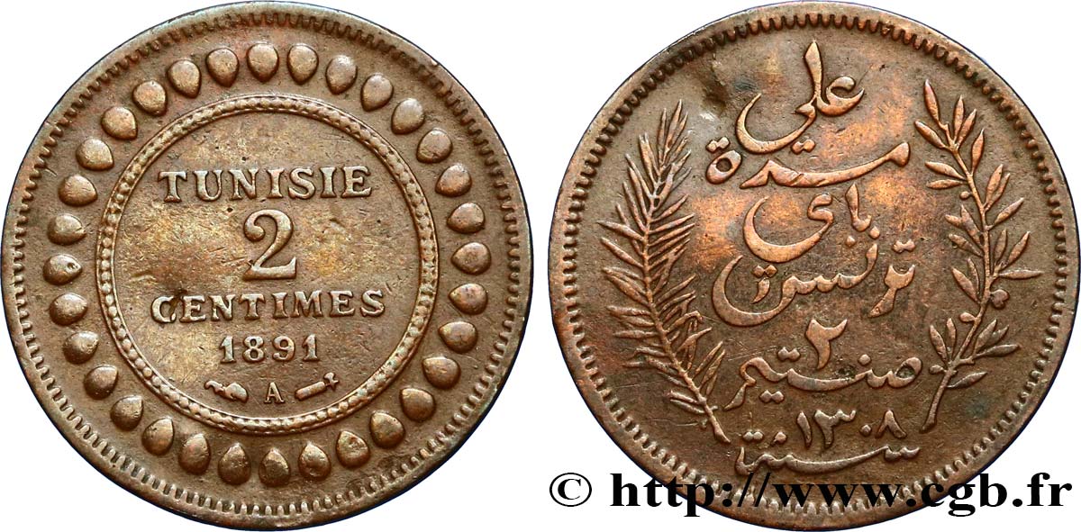 TUNISIA - French protectorate 2 Centimes AH1308 1891  XF 
