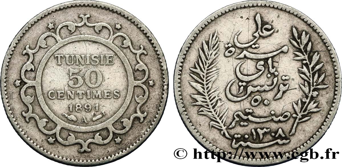 TUNISIA - Protettorato Francese 50 Centimes AH 1308 1891 Paris BB 