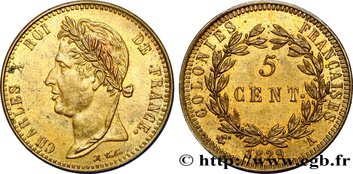 COLONIE FRANCESI - Carlo X, per Guyana 5 Centimes pour les colonies françaises, Guyane 1829 Paris SPL 