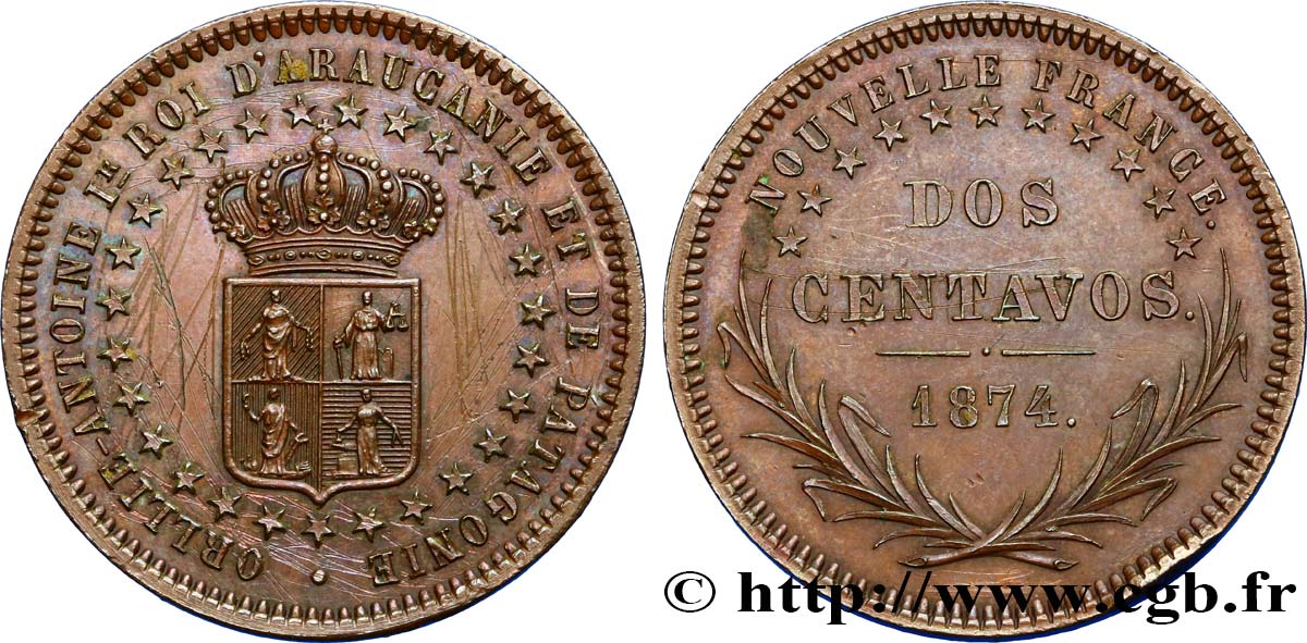 REINO DE LA ARAUCANIA Y LA PATAGONIA - NUEVA FRANCIA Dos Centavos 1er type 1874  EBC 