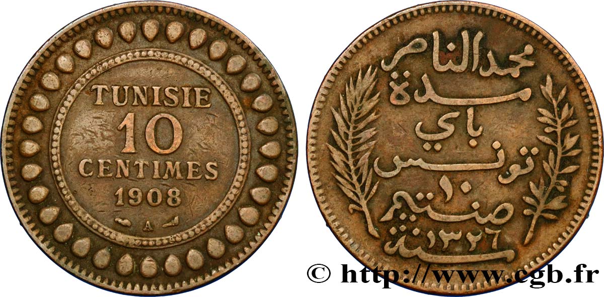 TUNISIA - French protectorate 10 Centimes AH1326 1908 Paris XF 
