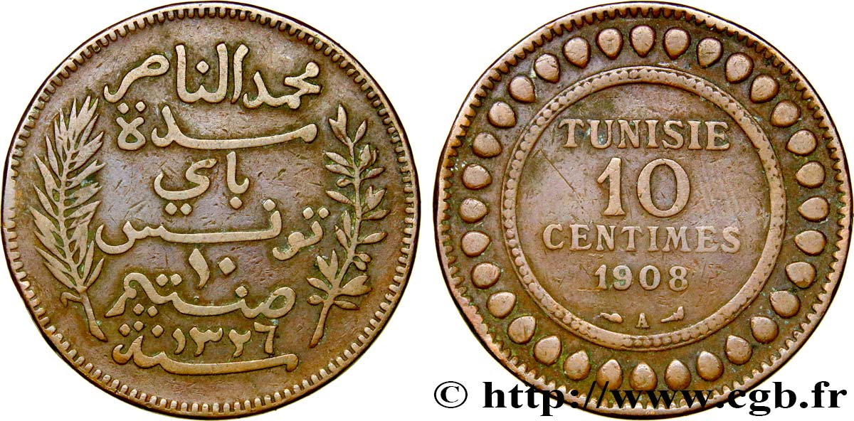 TUNISIA - French protectorate 10 Centimes AH1326 1908 Paris VF 