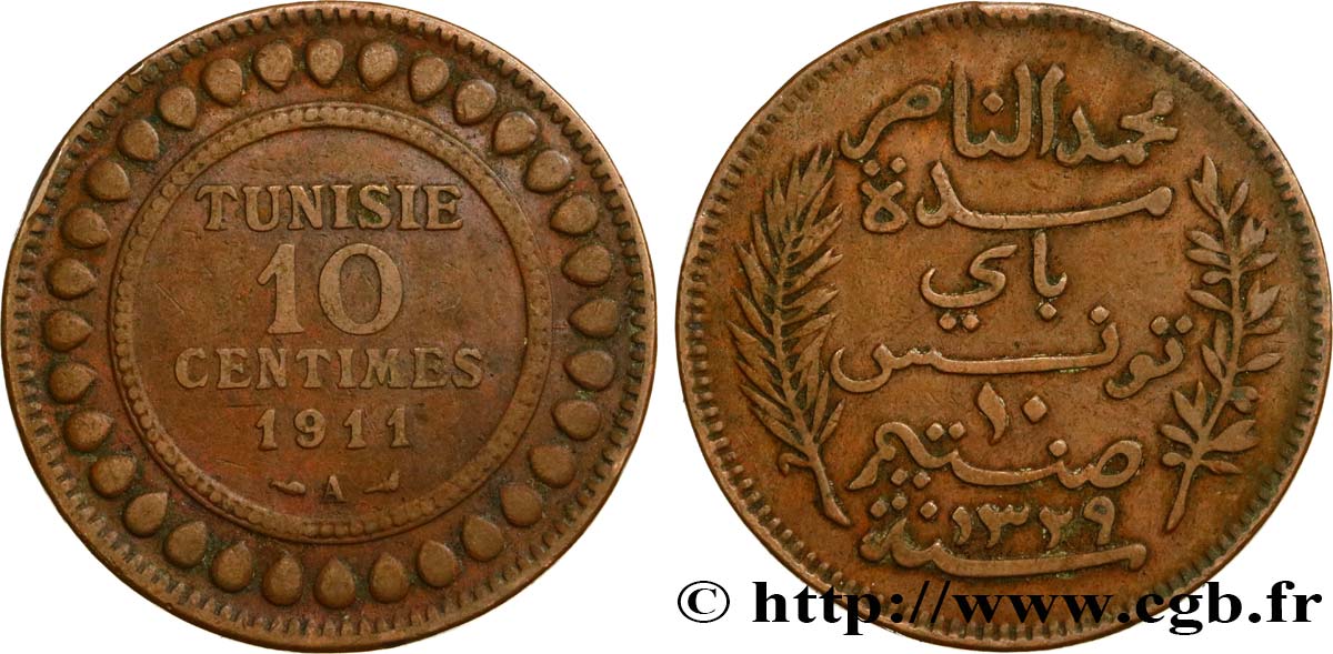 TUNISIA - French protectorate 10 Centimes AH1329 1911 Paris VF 