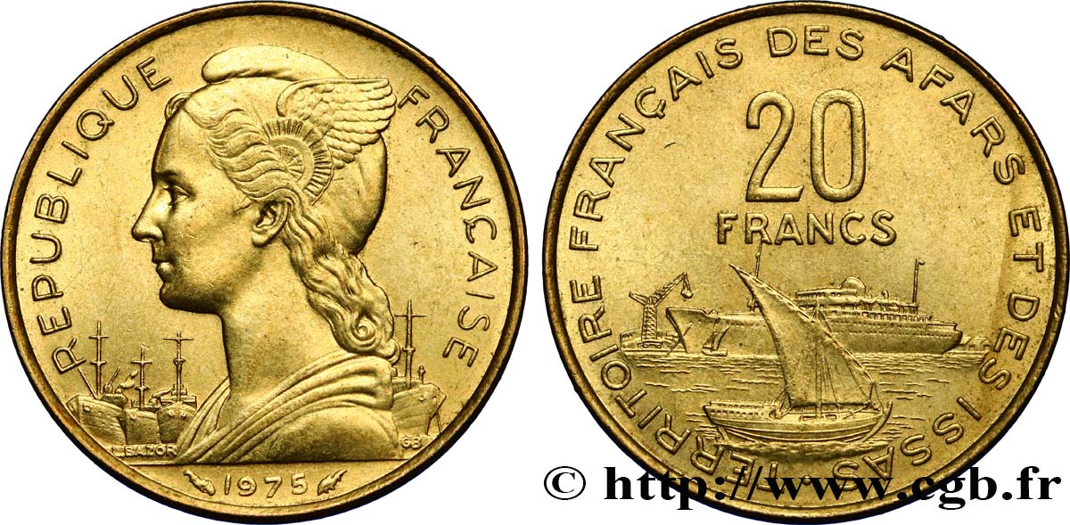 DJIBUTI - French Territory of the Afars and Issas  20 Francs Marianne / port 1975 PARIS AU 