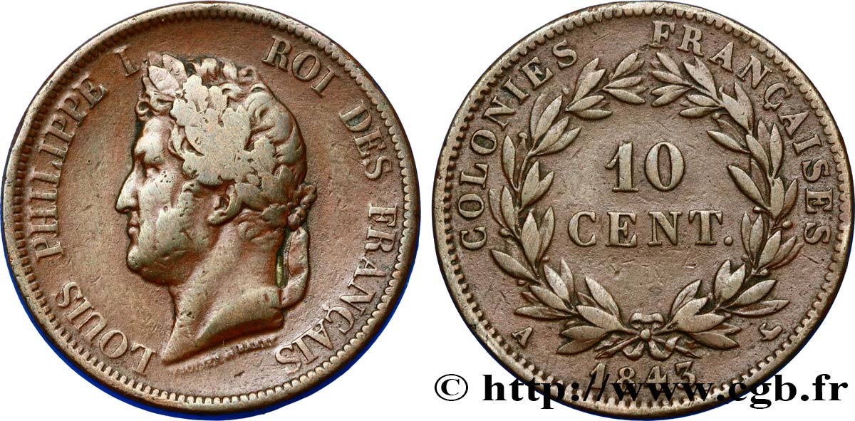 COLONIAS FRANCESAS - Louis-Philippe, para las Islas Marquesas 10 Centimes 1843 Paris BC+ 