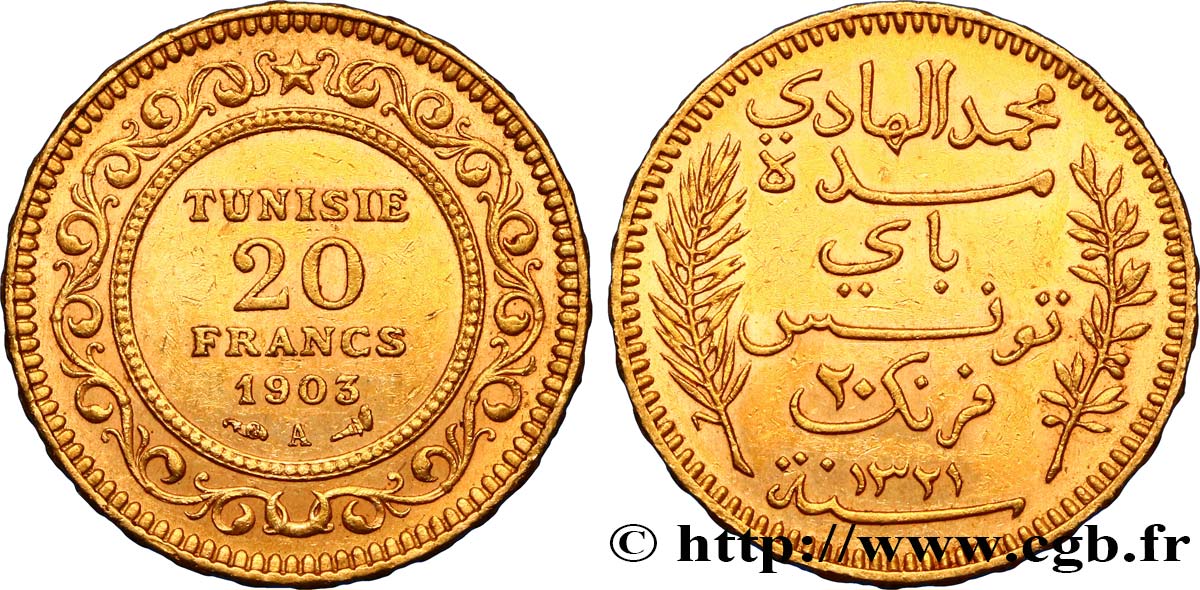 TUNEZ - Protectorado Frances 20 Francs or Bey Mohamed El Hadi AH1321 1903 Paris MBC+ 