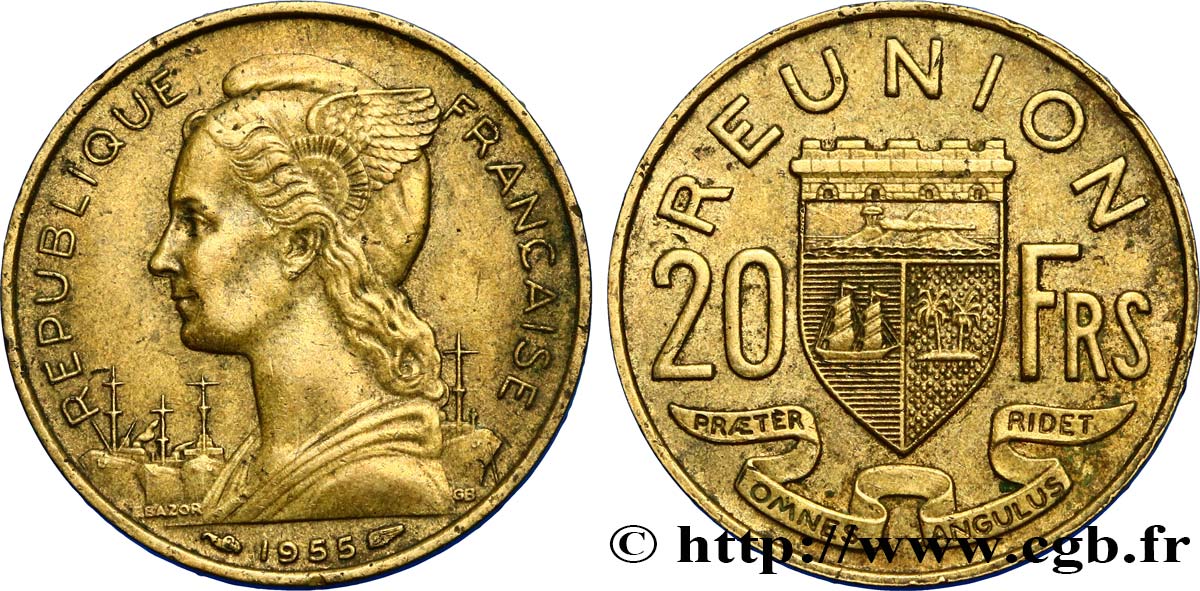 REUNION ISLAND 20 Francs Marianne / armes 1955 Paris XF 