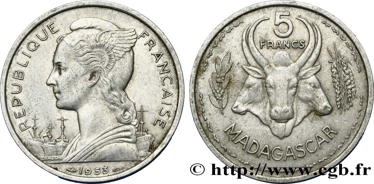MADAGASCAR - UNIóN FRANCESA 5 Francs 1953 Paris MBC 