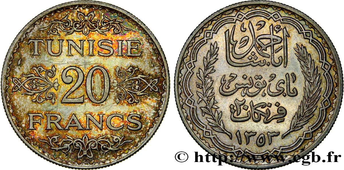TUNEZ - Protectorado Frances 20 Francs au nom du  Bey Ahmed an 1353 1934 Paris EBC 