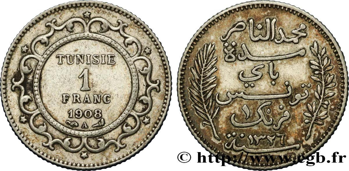 TUNISIA - French protectorate 1 Franc AH1326 1908 Paris XF 